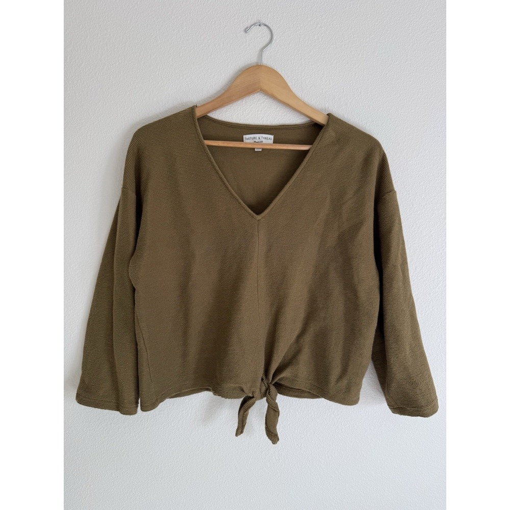 Texture & Thread Madewell Olive Green Ribbed Knit Tie Front Top XL 100% Cotton
